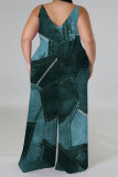 Gray Green Sexy Faux Denim Print Distressed V Neck Plus Size Jumpsuits(With a headscarf)