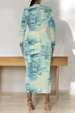 Gray Blue Casual Faux Denim Print Distressed O Neck Printed Dresses