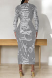 Gray Blue Casual Faux Denim Print Distressed O Neck Printed Dresses