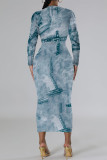 Gray Green Casual Faux Denim Print Distressed O Neck Printed Dresses