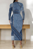 Gray Green Casual Faux Denim Print Distressed O Neck Printed Dresses