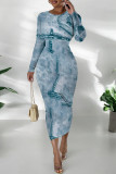 Gray Green Casual Faux Denim Print Distressed O Neck Printed Dresses