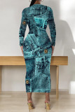 Gray Green Casual Faux Denim Print Distressed O Neck Printed Dresses