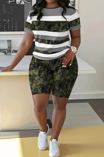 Green Casual Print Patchwork O Neck Short Sleeve Two Pieces
