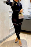 Black Sexy Hot Solid Color Patchwork See-Through O Neck Skinny Jumpsuits