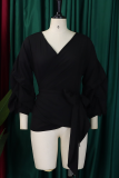 White Casual Solid Color Patchwork Strap Design V Neck Tops