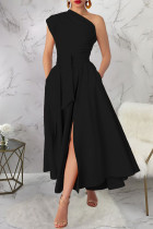 Black Casual Solid Color Slit Oblique Collar Long Dresses