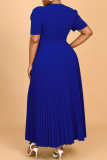 Blue Elegant Solid Color Beading Zipper Pleated V Neck Long Plus Size Dresses
