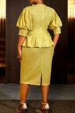 Gold Elegant Solid Color Slit Bow Decor Ruffled Trim O Neck Wrapped Skirt Plus Size Dresses