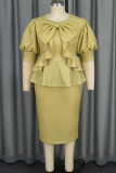 Gold Elegant Solid Color Slit Bow Decor Ruffled Trim O Neck Wrapped Skirt Plus Size Dresses