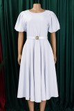 White Casual Solid Color With Belt O Neck Short Sleeve Short Sleeve Dress