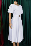 White Casual Solid Color With Belt O Neck Short Sleeve Short Sleeve Dress