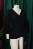 White Casual Solid Color Patchwork Strap Design V Neck Tops