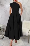 Blue Casual Solid Color Slit Oblique Collar Long Dresses