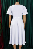 White Casual Solid Color With Belt O Neck Short Sleeve Short Sleeve Dress