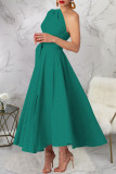 Blue Casual Solid Color Slit Oblique Collar Long Dresses