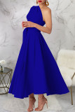 Blue Casual Solid Color Slit Oblique Collar Long Dresses