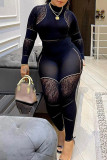 Black Sexy Hot Solid Color Patchwork See-Through O Neck Skinny Jumpsuits