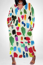 Cream White Casual Colorblock Floral Print Pocket Contrast V Neck Printed Plus Size Dresses