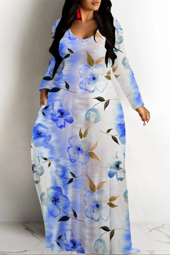 Blue Elegant Floral Print Pocket Contrast V Neck Printed Dresses