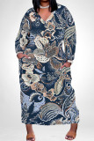 White Purple Elegant Floral Print Pocket Contrast V Neck Printed Plus Size Dresses