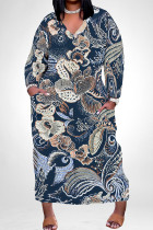 Tibetan Blue Elegant Floral Print Pocket Contrast V Neck Printed Plus Size Dresses