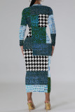 Light Green Casual Plaid Cartoon Print Flowers Contrast O Neck Printed Dresses