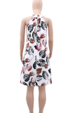 White Sexy Print Patchwork O Neck A Line Dresses