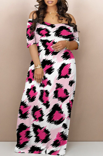 Pink Sexy Leopard Contrast V Neck Printed Dresses