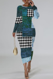 Light Green Casual Plaid Cartoon Print Flowers Contrast O Neck Printed Dresses