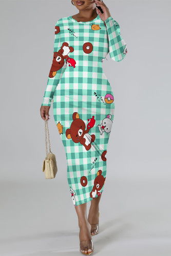 Light Green Casual Plaid Cartoon Print Flowers Contrast O Neck Printed Dresses