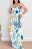 Blue Pink Sexy Graffiti Print Cartoon Pocket Contrast V Neck Printed Dresses