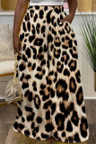 Deep Coffee Casual Leopard Pocket Contrast Loose High Waist Wide Leg Full Print Bottoms