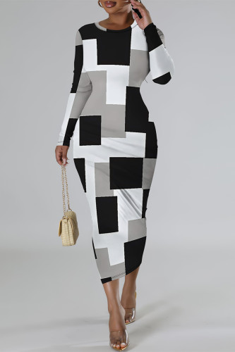 Black White Casual Plaid Cartoon Print Flowers Contrast O Neck Printed Dresses