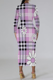 Light Green Casual Plaid Cartoon Print Flowers Contrast O Neck Printed Dresses