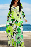 Gray Purple Elegant Floral Print Pocket Contrast V Neck Printed Dresses