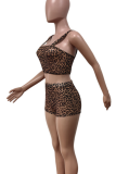 Dark Brown Sexy Leopard Print Patchwork Sleeveless Two Pieces