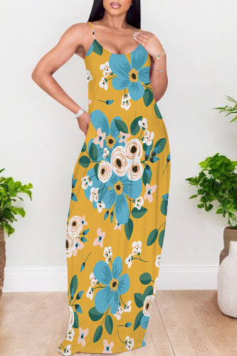 Yellow Sexy Floral Print Pocket Contrast V Neck Printed Dresses