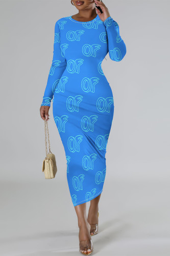 Blue Elegant Geometric Print Contrast O Neck Printed Dresses