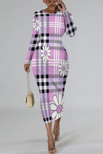 Purple Casual Plaid Cartoon Print Flowers Contrast O Neck Printed Dresses