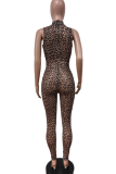 Leopard Print Sexy Leopard Print Hollow Out Zipper O Neck Skinny Jumpsuits