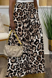 Deep Coffee Casual Leopard Pocket Contrast Loose High Waist Wide Leg Full Print Bottoms