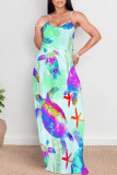 Blue Pink Sexy Graffiti Print Cartoon Pocket Contrast V Neck Printed Dresses