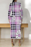 Light Green Casual Plaid Cartoon Print Flowers Contrast O Neck Printed Dresses