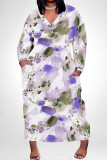 White Purple Elegant Floral Print Pocket Contrast V Neck Printed Plus Size Dresses
