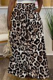 Deep Coffee Casual Leopard Pocket Contrast Loose High Waist Wide Leg Full Print Bottoms