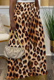 Deep Coffee Casual Leopard Pocket Contrast Loose High Waist Wide Leg Full Print Bottoms