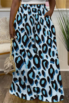 Blue Casual Leopard Pocket Contrast Loose High Waist Wide Leg Full Print Bottoms