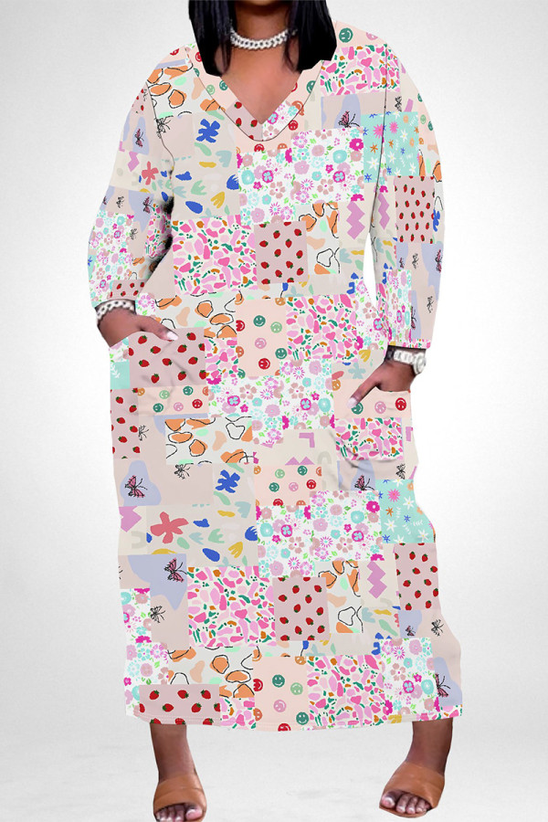Pink Casual Colorblock Floral Print Pocket Contrast V Neck Printed Plus Size Dresses