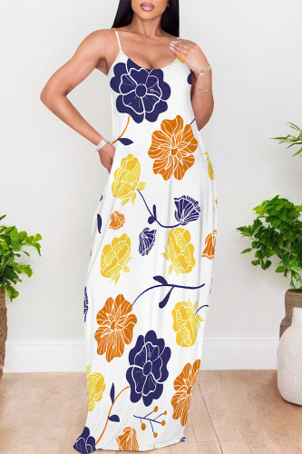 White Sexy Floral Print Pocket Contrast V Neck Printed Dresses